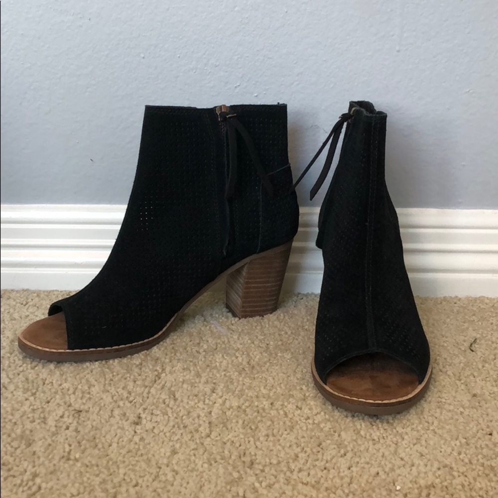 Toms Black Suede Peep-Toe Ankle Booties